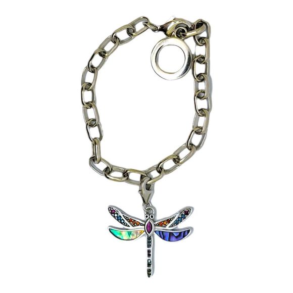 925 Sterling Silver Round Created Ruby Gemstone MOP Dragonfly Charm Bracelet 7" - Picture 9 of 9